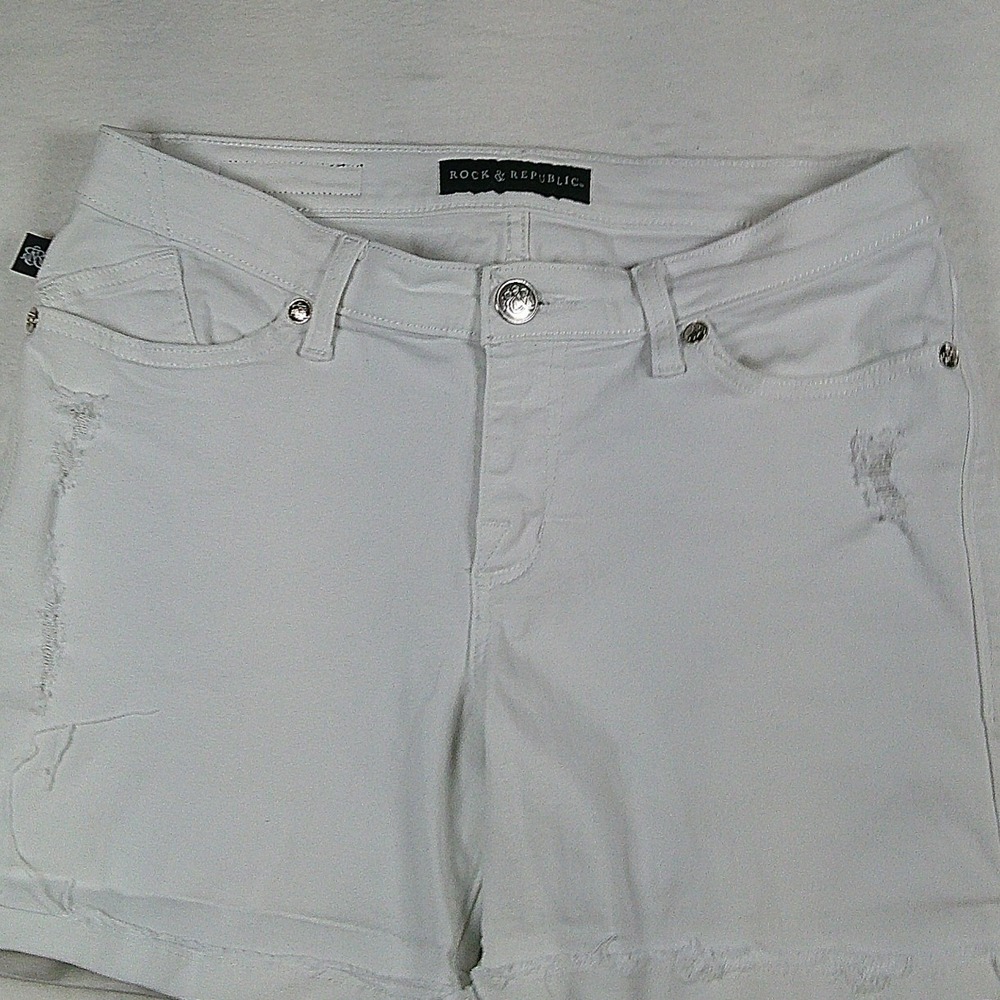 Rock & Republic Womens White Distressed Denim Shorts Size 8 Raw Hem Stretch - Picture 2 of 9